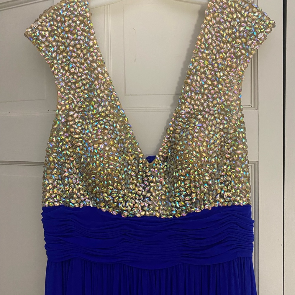 Royal Blue and Gold Embellished Prom Dress